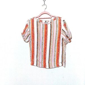 A New Day Orange and Green Striped Short Sleeve Linen Blend Blouse Size XS